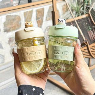 CỐC THUỶ TINH NẮP GẤU KÈM ỐNG HÚT 350ML (T70)