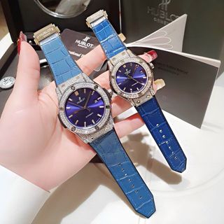 ĐỒNG HỒ CẶP ĐÔI CAO CẤP HULOT CƠ HAI  VIỀN HỘT DÂY CAO SU BỌC DA