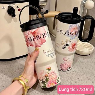Cốc giữ nhiệt hình Hoa hồng dung tích 720ml với quai xách tiện lợi