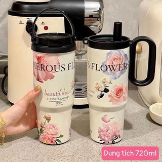 Cốc giữ nhiệt hình Hoa hồng dung tích 720ml với quai xách tiện lợi