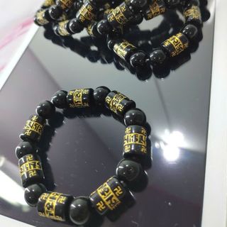 Chuỗi hạt phong thủy đá đen mix hạt chữ màu đen size 10li