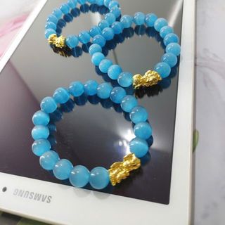 Chuỗi phong thủy đeo tay đẹp 10ly đá mắt mèo mix tỳ hưu màu xanh