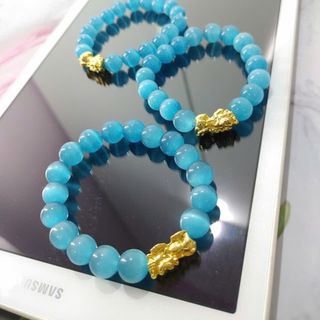 Chuỗi phong thủy đeo tay đẹp 10ly đá mắt mèo mix tỳ hưu màu xanh