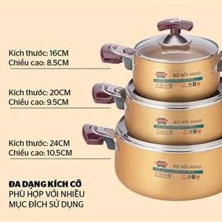 BỘ 3 NỒI ANOD NẮP KÍNH SUNHOUSE SH6634 (T6)