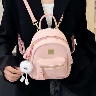 Balo đi chơi, ba lô mini da nhung tặng kèm móc treo quả bông K641