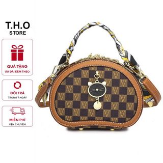 Túi xách nữ, túi đeo chéo tag mèo họa tiết kẻ caro dây đeo chéo bản to K324