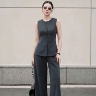 Set áo gile - quần suông chất cotton lạnh thời trang thiết kế nữ trẻ trung sang trọng -B11