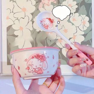 Set 2 Bát Sứ Mèo Hoa Kèm Thìa (THÙNG 48B)