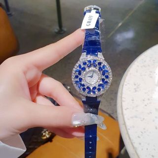 ĐỒNG HỒ NỮ SIÊU CẤP GAFF MẶT FULL PHA LÊ BƯỚM NHÂN TẠO  DÂY DA XANH ĐẬM