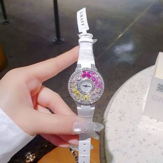 ĐỒNG HỒ NỮ SIÊU CẤP GAFF MẶT FULL PHA LÊ BƯỚM NHÂN TẠO  DÂY DA TRẮNG