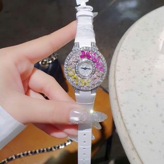 ĐỒNG HỒ NỮ SIÊU CẤP GAFF MẶT FULL PHA LÊ BƯỚM NHÂN TẠO  DÂY DA TRẮNG