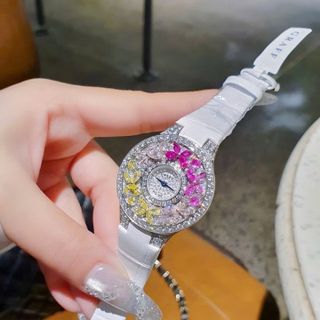 ĐỒNG HỒ NỮ SIÊU CẤP GAFF MẶT FULL PHA LÊ BƯỚM NHÂN TẠO  DÂY DA TRẮNG