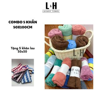Mua 5 tặng 5 (Combo 5 khăn tắm hạt gạo bông mềm, kích thước khăn 50x100cm tặng 5 khăn tay lau lông cừu 30x30cm)