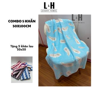 Mua 5 tặng 5 (Combo 5 khăn tắm hạt gạo bông mềm, kích thước khăn 50x100cm tặng 5 khăn tay lau lông cừu 30x30cm)
