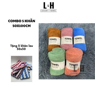 Mua 5 tặng 5 (Combo 5 khăn tắm hạt gạo bông mềm, kích thước khăn 50x100cm tặng 5 khăn tay lau lông cừu 30x30cm)