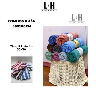 Mua 5 tặng 5 (Combo 5 khăn tắm hạt gạo bông mềm, kích thước khăn 50x100cm tặng 5 khăn tay lau lông cừu 30x30cm)