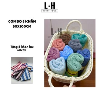 Mua 5 tặng 5 (Combo 5 khăn tắm hạt gạo bông mềm, kích thước khăn 50x100cm tặng 5 khăn tay lau lông cừu 30x30cm)