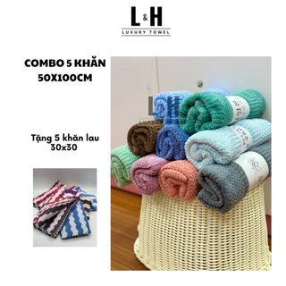 Mua 5 tặng 5 (Combo 5 khăn tắm hạt gạo bông mềm, kích thước khăn 50x100cm tặng 5 khăn tay lau lông cừu 30x30cm)