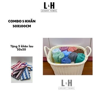 Mua 5 tặng 5 (Combo 5 khăn tắm hạt gạo bông mềm, kích thước khăn 50x100cm tặng 5 khăn tay lau lông cừu 30x30cm)