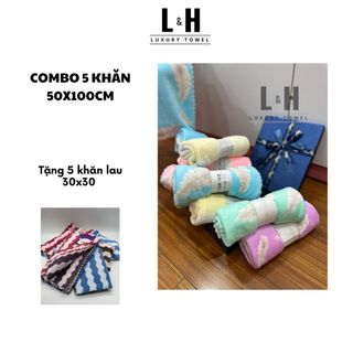 Mua 5 tặng 5 (Combo 5 khăn tắm hạt gạo bông mềm, kích thước khăn 50x100cm tặng 5 khăn tay lau lông cừu 30x30cm)