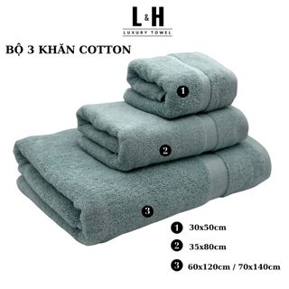 Bộ 3c Khăn Basic quà tặng gồm Khăn mặt, Khăn gội, Khăn Tắm vừa, khăn tắm cỡ lớn với sợi bông cotton dày thấm hút tốt