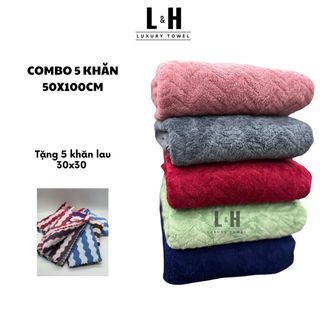 Combo 5c Khăn tắm Kt 50x100cm lông cừu Xương Cá, màu giao ngẫu nhiên