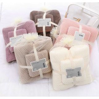 Set 2 Khăn Tắm Lông cừu, Hạt Gạo, Xuất Hàn cỡ Lớn Siêu mềm mịn Thấm hút nước tốt