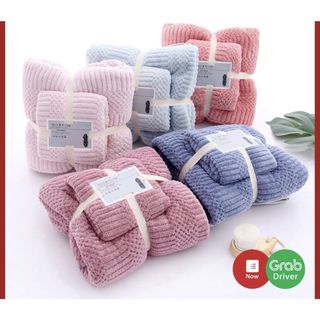 Set 2 Khăn Tắm Lông cừu, Hạt Gạo, Xuất Hàn cỡ Lớn Siêu mềm mịn Thấm hút nước tốt