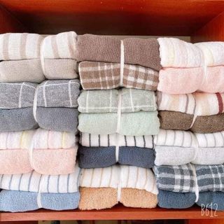 [Sang trọng, đẹp] Set 2 khăn kẻ MJ xuất nhật 250g, Organic, cotton thấm nước tốt, KT 60x120