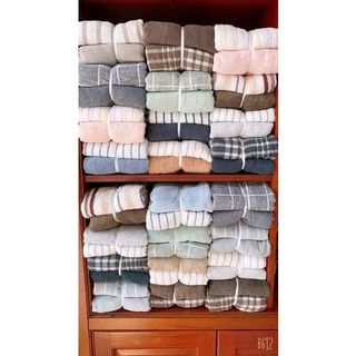 [Sang trọng, đẹp] Set 2 khăn kẻ MJ xuất nhật 250g, Organic, cotton thấm nước tốt, KT 60x120