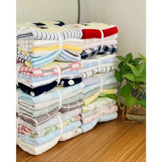 Combo 4c Khăn tắm, khăn lau đầu MJ kẻ ngâu nhiên, KT 35x80cm