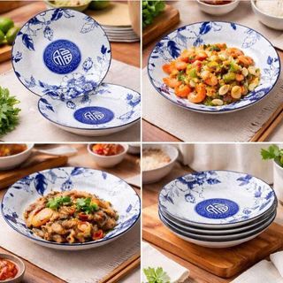 ĐĨA SỨ SÂU HOA XANH CHỮ PHÚC SIZE 8 - 20CM (T60)