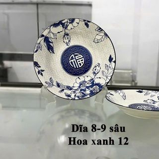 ĐĨA SỨ SÂU HOA XANH CHỮ PHÚC SIZE 9 - 22CM (T40)