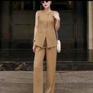 Set áo gile - quần suông chất cotton lạnh, sọc dọc nhỏ, set thời trang thiết kế nữ trẻ trung sang trọng -B13