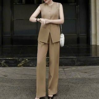 Set áo gile - quần suông chất cotton lạnh, sọc dọc nhỏ, set thời trang thiết kế nữ trẻ trung sang trọng -B13