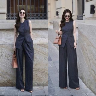 Set áo gile - quần suông chất cotton lạnh, sọc dọc nhỏ, set thời trang thiết kế nữ trẻ trung sang trọng -B13