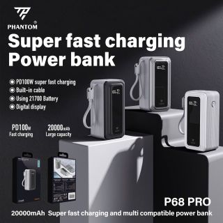 Sạc dự phòng 100W PHANTOM P68 Pro 20000mAh - Lõi Li-ion 21700, Cáp và cổng TypeC PD 100W & USB QC 3.0 22.5W
