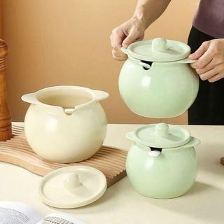 HỦ ĐỰNG MỠ SỨ XANH CÓ TAI CẦM KÈM MUỖNG 700ML (T32)