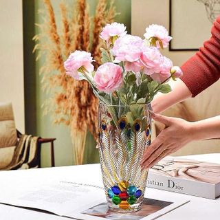 BÌNH CẮM HOA THUỶ TINH PHA LÊ HÌNH CON CÔNG MÀU SẮC 28CM (T8)