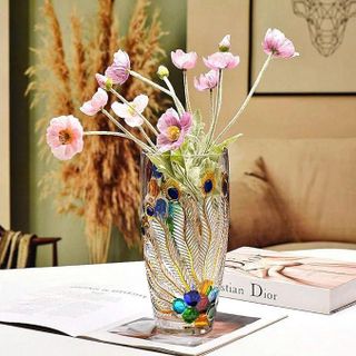 BÌNH CẮM HOA THUỶ TINH PHA LÊ HÌNH CON CÔNG MÀU SẮC 28CM (T8)