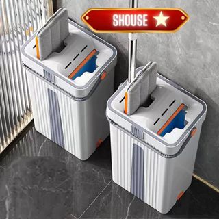 Bộ cây lau nhà 360 độ thông minh cho nhà tắm cao cấp tách nước có thùng cán dài có sẵn bông lau