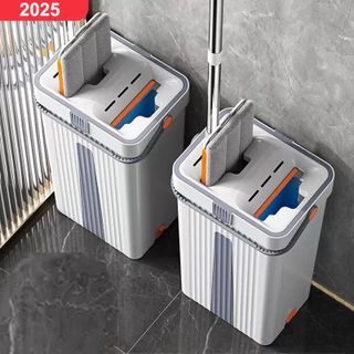 Bộ cây lau nhà 360 độ thông minh cho nhà tắm cao cấp tách nước có thùng cán dài có sẵn bông lau