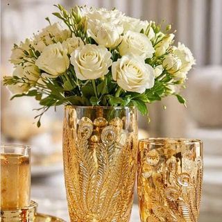 BÌNH CẮM HOA THUỶ TINH VÀNG 25cm HOẠ TIẾT CÔNG (T15)