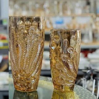 BÌNH CẮM HOA THUỶ TINH VÀNG 25cm HOẠ TIẾT CÔNG (T15)