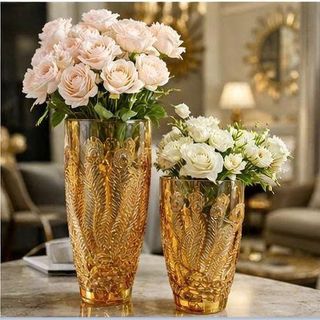 BÌNH CẮM HOA THUỶ TINH VÀNG 30cm HOẠ TIẾT CÔNG (T15)