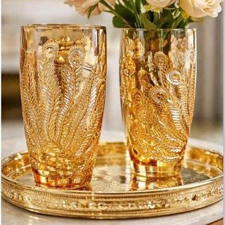 BÌNH CẮM HOA THUỶ TINH VÀNG 30cm HOẠ TIẾT CÔNG (T15)