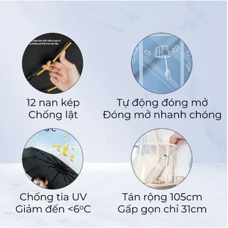 Ô che mưa gấp gọn tự động 12 nan kép, chống tia UV tự động đóng mở nhỏ gọn, ô dù che mưa nắng mini