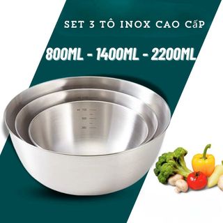Set 3 tô trộn bột thau trộn salad, ướp thịt ,tô đựng cơm canh, chất liệu inox, có vạch chia dung tích