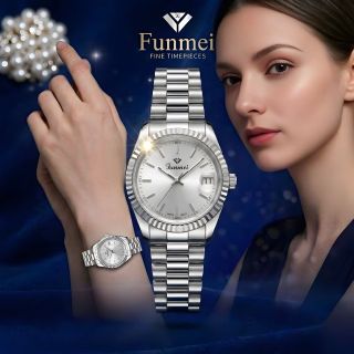 ĐỒNG HỒ NỮ CHÍNH NGẠCH FUNMEI F2085 DÂY THÉP NIỀNG KHÍA FULLBOX HOÁ ĐƠN