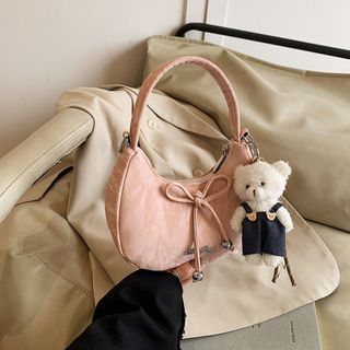 [Tặng gấu] Túi xách nữ kẹp nách đeo chéo da nhung quai xách có đính nơ tặng kèm móc treo gấu K761